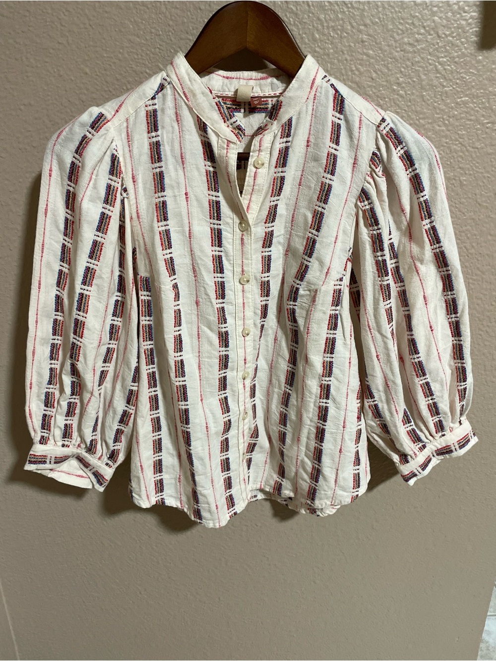 Pilcro White Button-Up Blouse with Red & Navy Stripe Panels